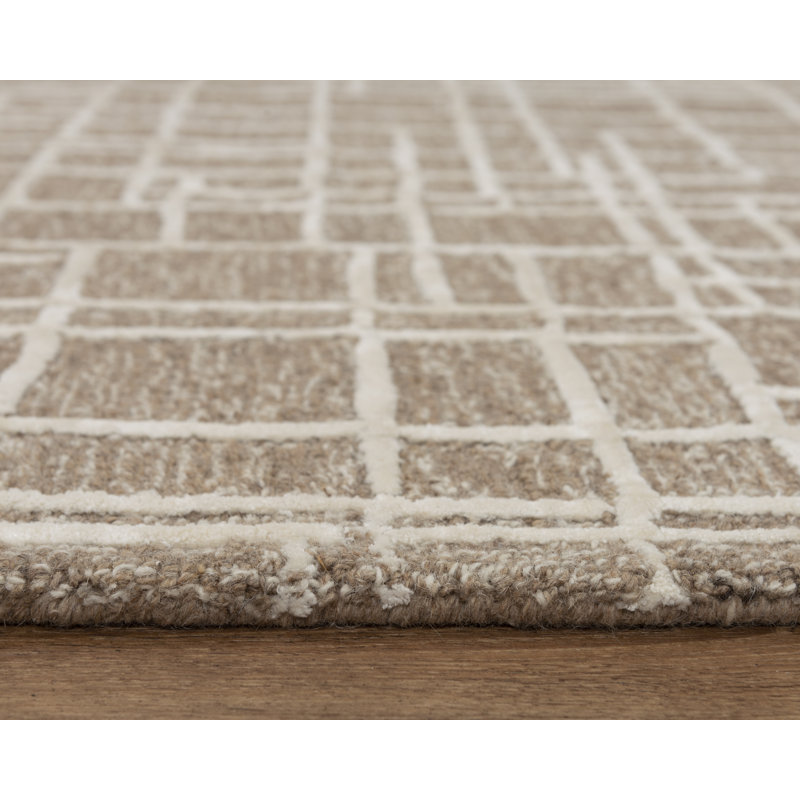 Tapis géométrique en laine touffeté à la main brun / blanc, Rectangle 7 pi 9 po x 9 pi 9 po