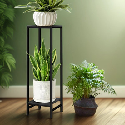 2-Tier Metal Plant Stand Indoor Outdoor, Heavy Duty Modern Display Rack With Wood Pattern Trays, Space Saving Pedestal For Living Room, Balcony, Garden