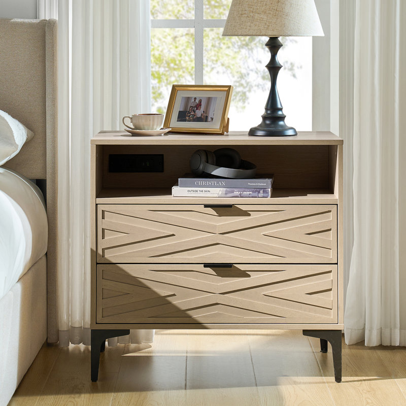 Lindley 28"W Modern 2-Drawer End Table with Charging Port and Open Shelf, Oak