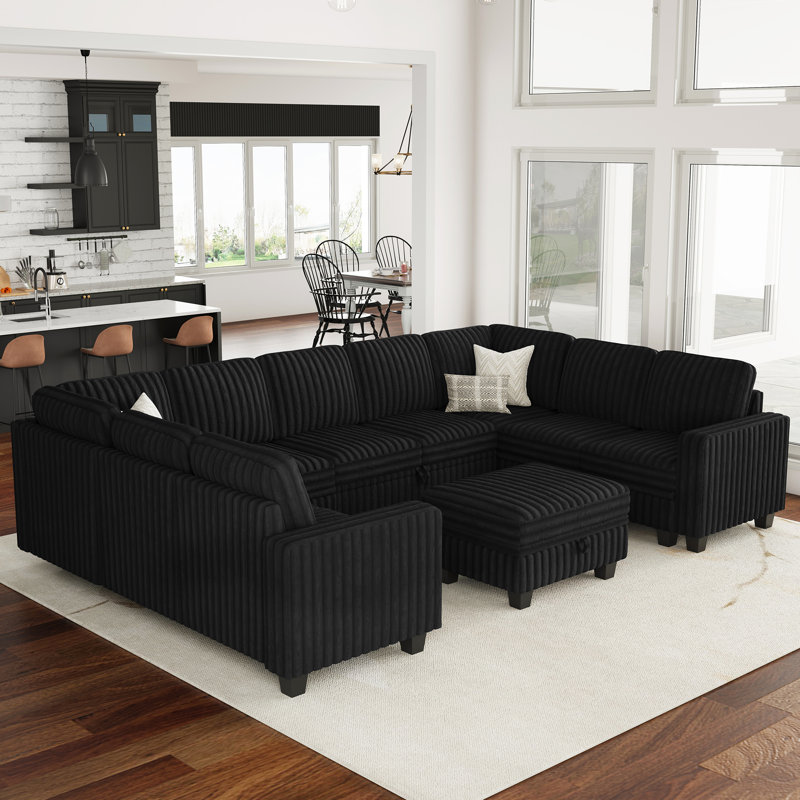 Storage Couch Large U - Shaped Faux Fur Sectional Sofa Modular  Sofa Bed With Ottoman, Black Faux Fur