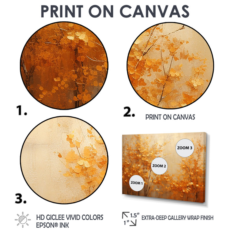 «Golden Autumn Forest Harmony I», art mural brun, 4 pièces, Impression encadrée sans passe-partout, Doré