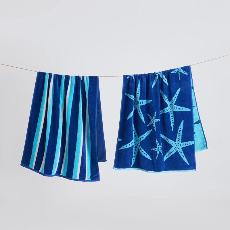 100% Cotton Jacquard Printed 2 Pack Beach Towels, Navy/Royal Blue Starfish & Stripe