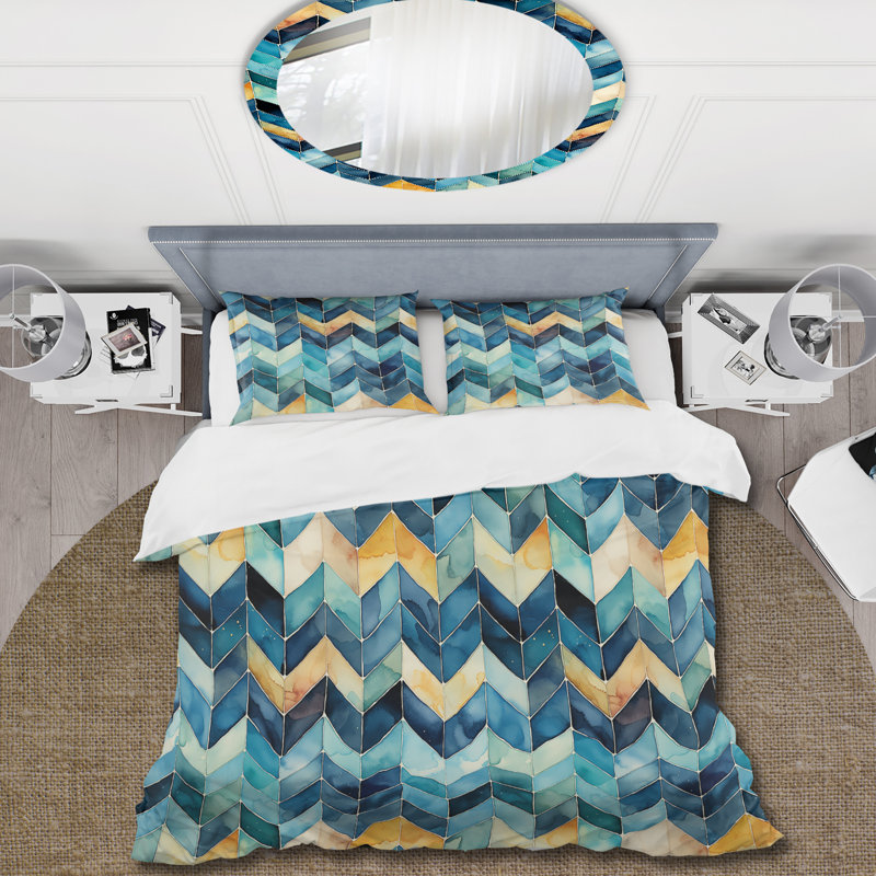 Watercolor Delight Blue Chevron Pattern Chevron / Zig Zag Duvet Cover, Queen Duvet Cover + 2 Standard Shams