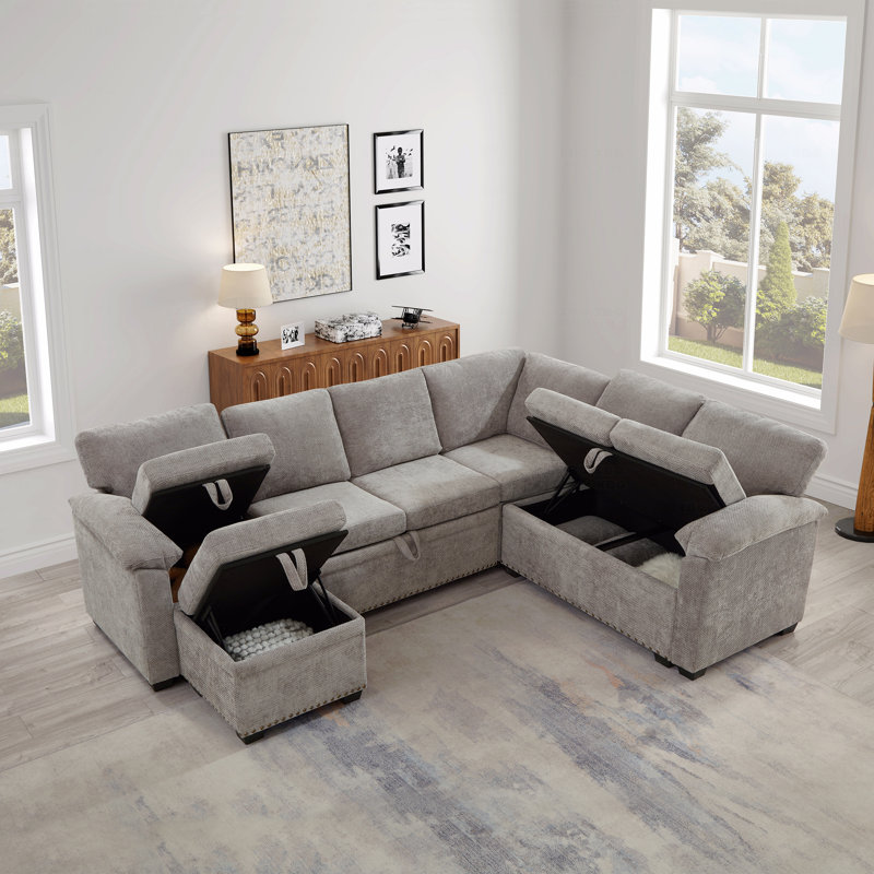 97” L-Shaped Chenille Sectional Sofa with Sleeper & Storage Ottoman – 7 Seats + 2 Pillows (Grey), Grey Chenille