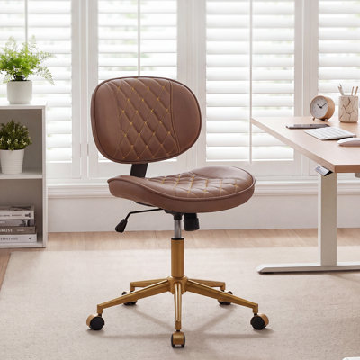 Brown Leather Armless Office Desk Chair Rocking & Swivel Computer Chair