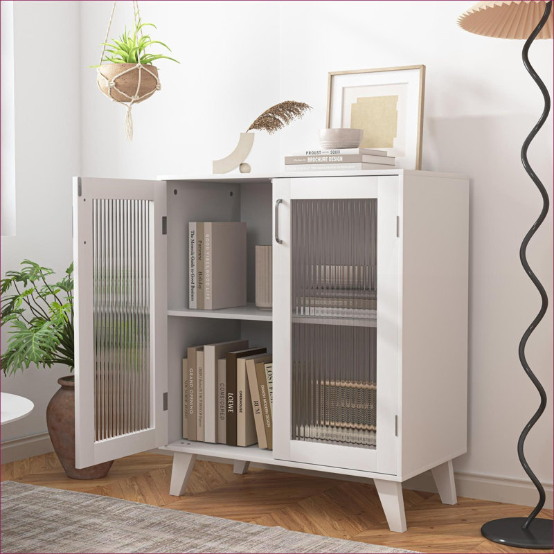 Cabinets: armoire de rangement moderne avec 2 portes en verre, tablette réglable, blanc cassé | Minimaliste | Salon
