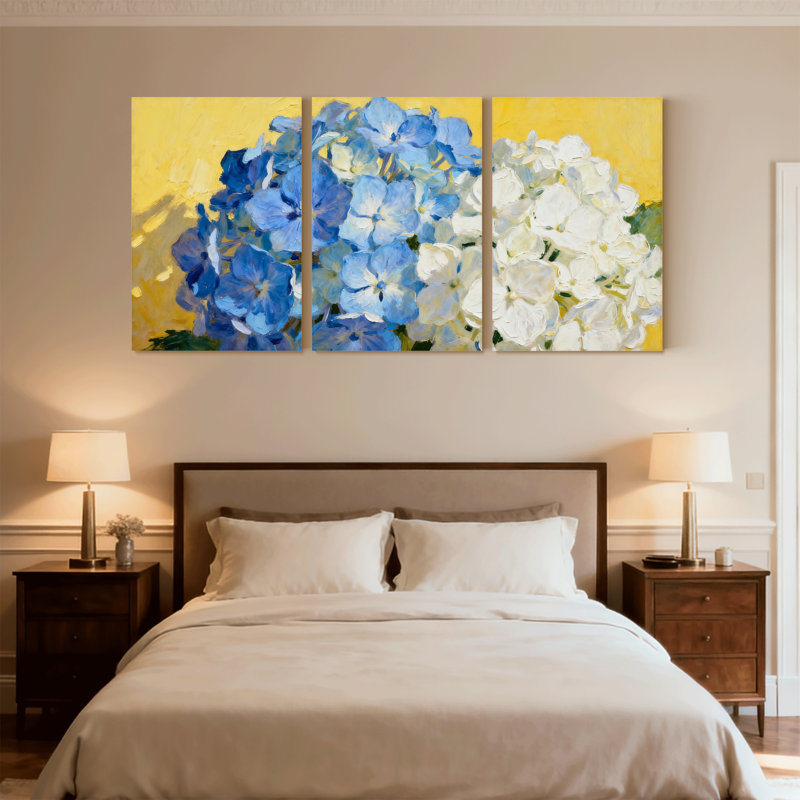 Hortensia bleu blanc fleurs sur fond jaune, ensemble de 3 impressions d'art sur toile, H 24 po x l 48 po