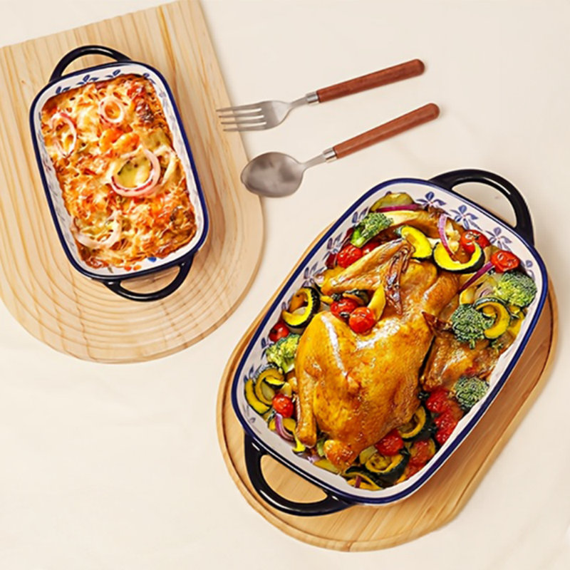 2 pieces of large-capacity exotic ceramic baking dishes and dinner plates with pattern decoration and double-ear handles, rectangular ceramic baking bowls suitable for oven use, and cooking utensils