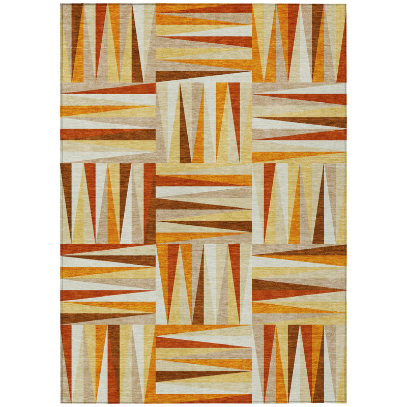 3' X 5' Orange Geometric Washable Indoor Outdoor Area Rug