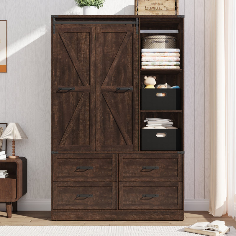 73.00''H Armoire Wardrobe With Sensor Light, Drawers, And Hanging Rod, Rustic Brown