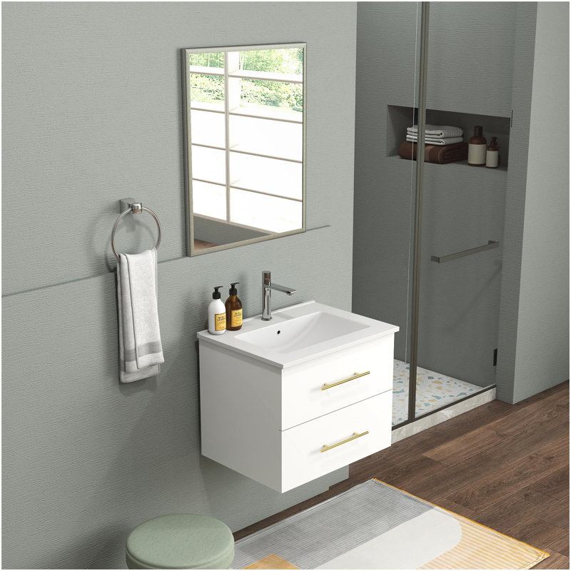 Ensemble de meuble-lavabo mural 24 po avec lavabo et miroir, deux tiroirs, lavabo en céramique, structure en aluminium argenté, assemblage facile, poignée longue en métal doré, 2 tiroirs de rangement, blanc brillant