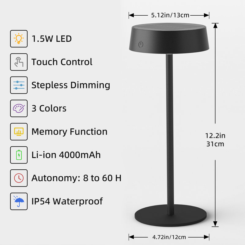 Cordless LED Table Lamp, USB Rechargeable + Solar Powered Outdoor Lamps, Dimmable, 3 Colors, 4000mAh Battery, Brown