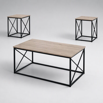 3-Piece Coffee Table Set with 2 End Tables, Taupe Wood Look Top, Black Metal X Frame