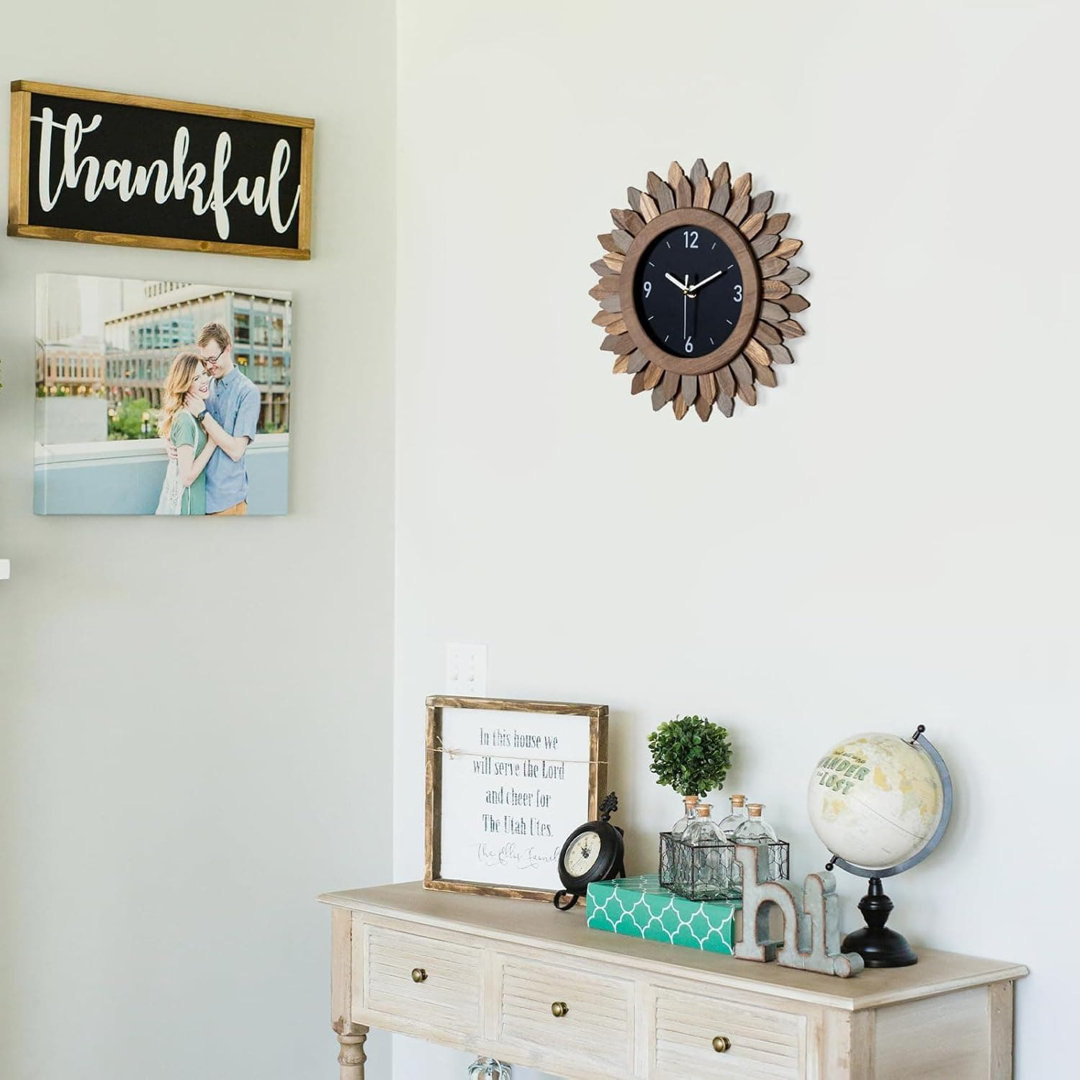 12" Brown Rustic Boho Sunburst Silent Wall Clock Farmhouse Decor