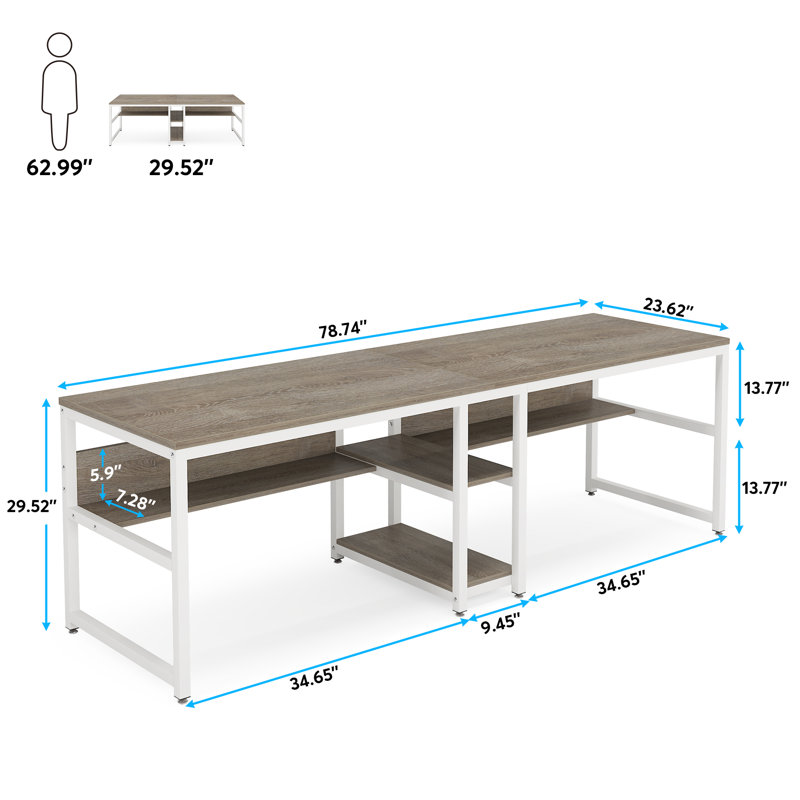 Bureau d'ordinateur 78,74 "pour deux personnes avec bibliothèque, long bureau double pour bureau personnel, Gris / blanc
