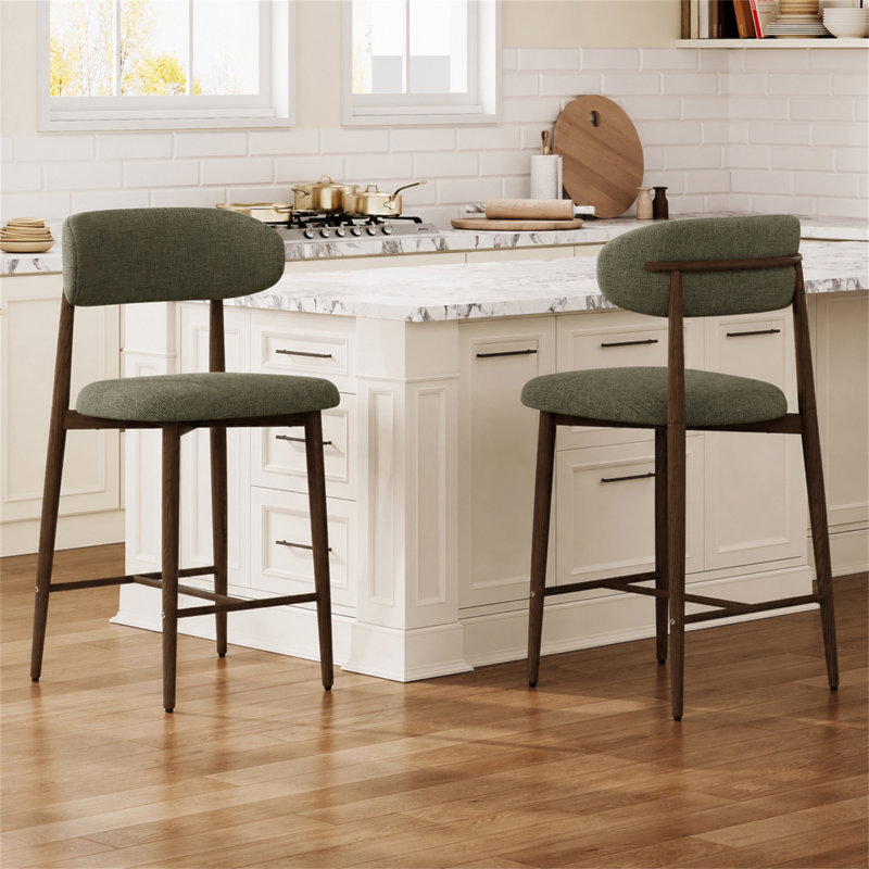 Ensemble de 2 tabourets de bar à hauteur de comptoir, tabourets de bar rembourrés Mid-Century avec pieds en métal robustes, tabourets de comptoir à siège incurvé en lin pour îlot de cuisine et salle à manger