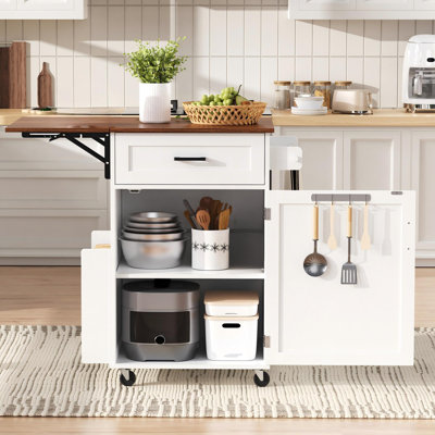 39.3" Farmhouse Rolling Kitchen Island Cart With Drop Leaf, Storage Cabinet & Spice Rack