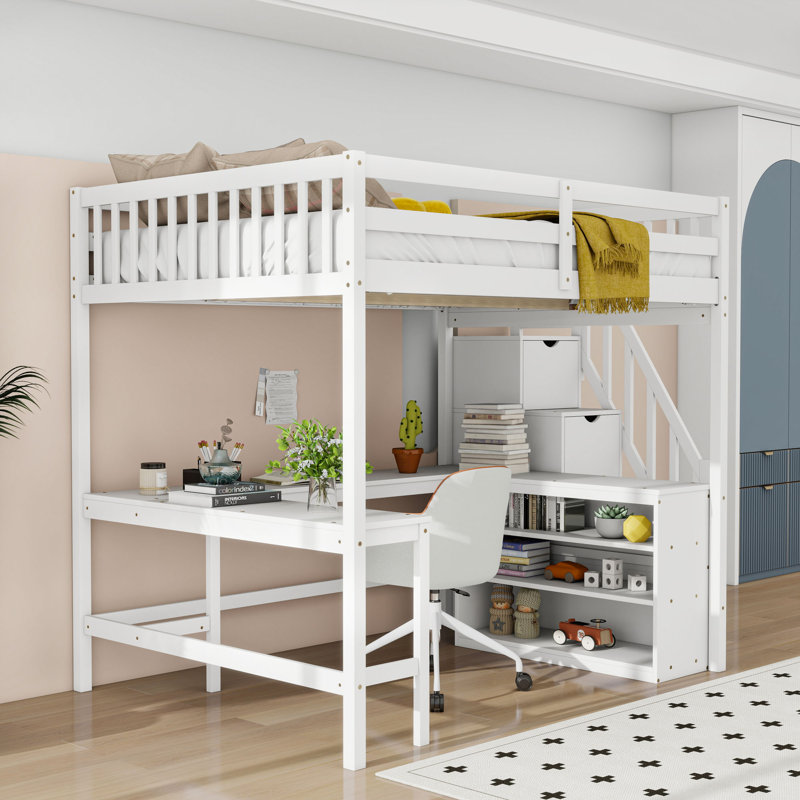 Lit mezzanine double en bois avec bureau intégré en L et tablettes de rangement, Blanc