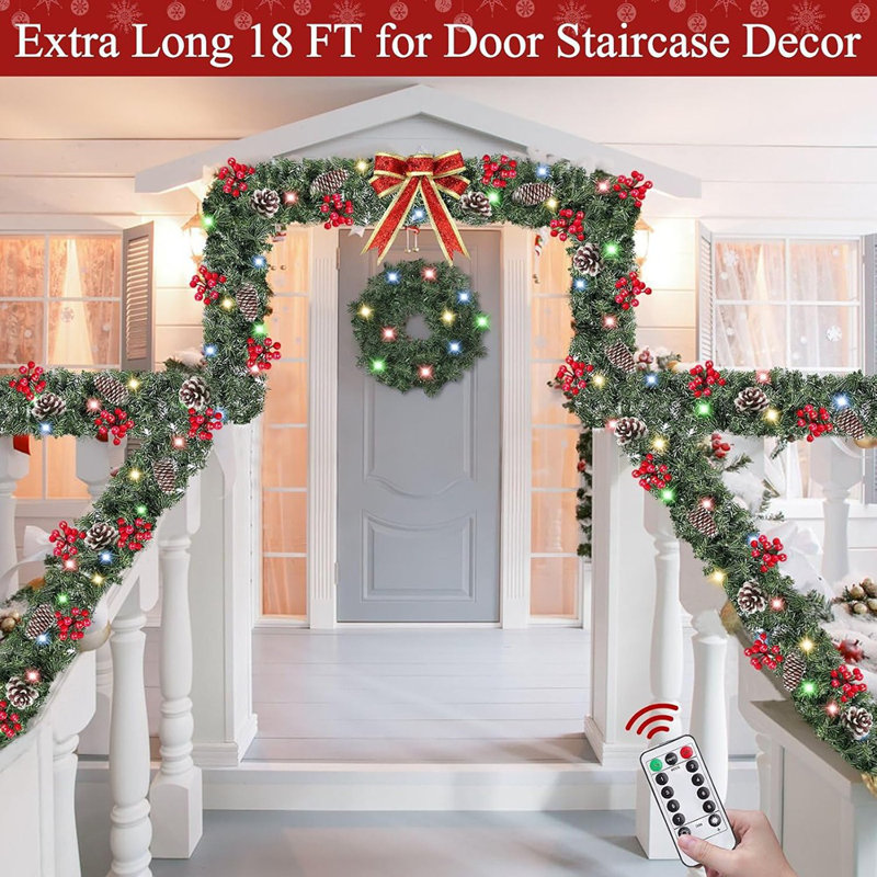 Télécommande et extra longue et 12 modes - Guirlande de Noël pré-éclairée de 18 pi pour les escaliers, balustrade, porte d'entrée, porche, intérieur, extérieur, décoration, 100 blanc chaud et interrupteur de couleurs, 580 branches épaisses