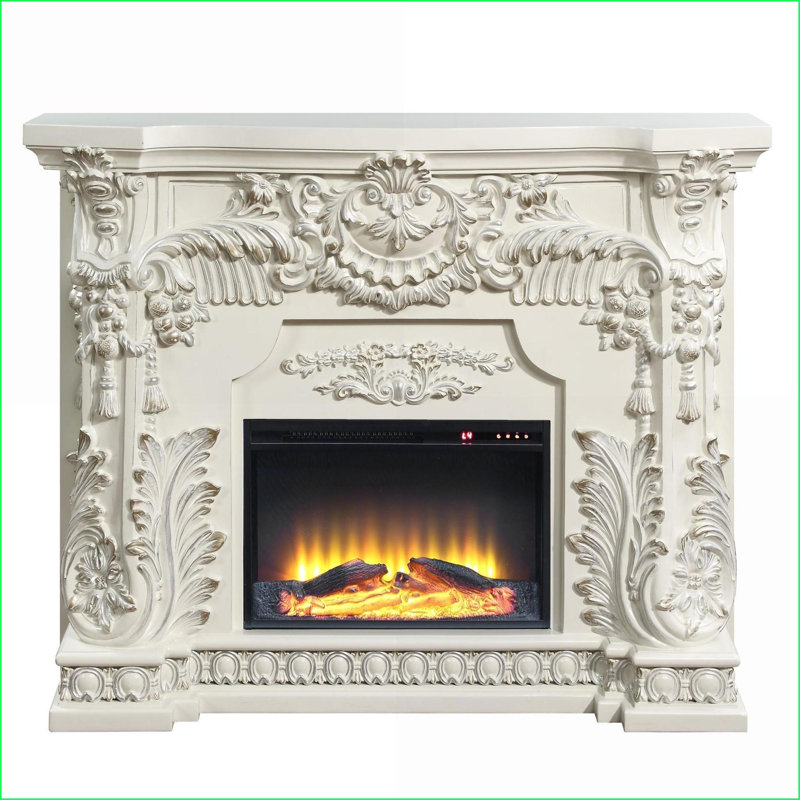 Indoor Electric Fireplace | Transitional Scrolled Floral | Touch/Remote | Antique White | Resin &amp; Synthetic Wood