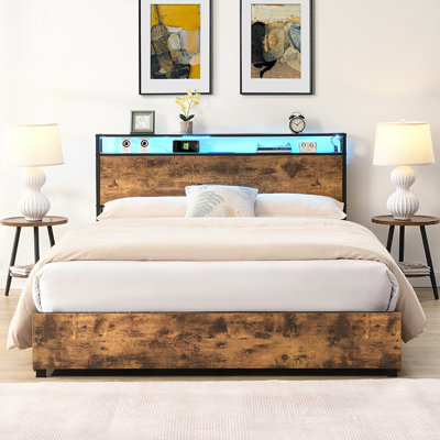 Bed Frame, Storage Headboard with Charging Station, Solid and Stable, Noise Free, No Box Spring Needed, Easy Assembly,Simple style