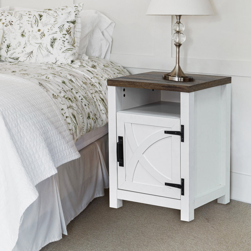 Farmhouse Nightstand With A Cabinet And Open Compartment, White