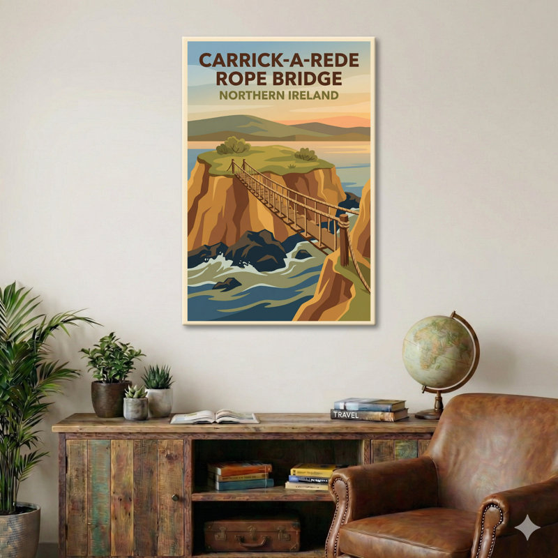 Carrick-a-Rede Rope Bridge, Northern Ireland - Romantic Travel Poster Of Atlantic Cliffs And Sea. Giclee Print On Wrapped Canvas. Wall Art, Home Decor - Coastal & Maritime, Northern Ireland - Wrapped Canvas Print