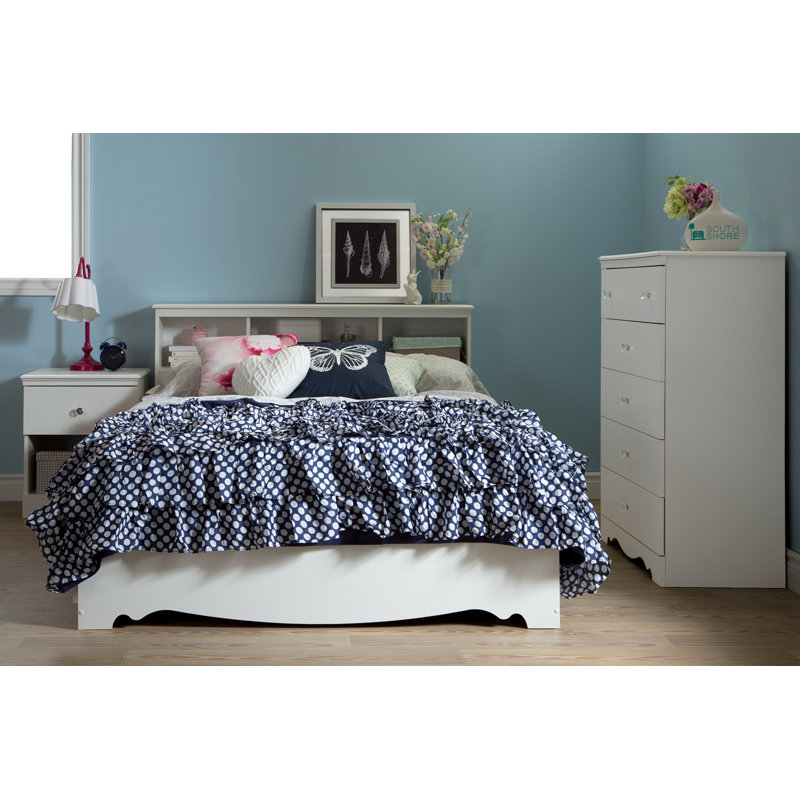 Full White Wood Bookcase Headboard with Storage