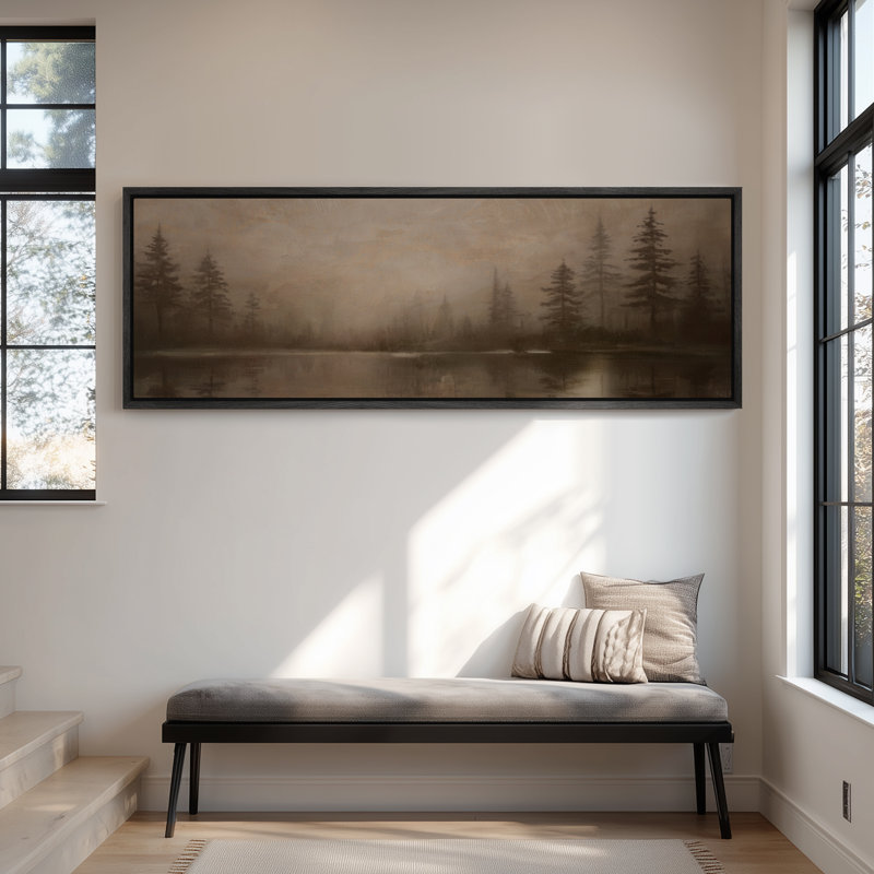 «Misty Pine Forest Reflection on Quiet Lake», art mural pour chambre à coucher ou espace de méditation, H 20 po x l 60 po
