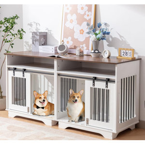 Tucker Murphy Pet™ 2-in-1 Furniture Style Dog Crate, 55" Wooden Dog Furniture End Table With Large Drawers, Heavy Duty Dog Kennel With Sliding Doors, Indoor, Chew Resistant, For 2 Small/medium Dogs (white)