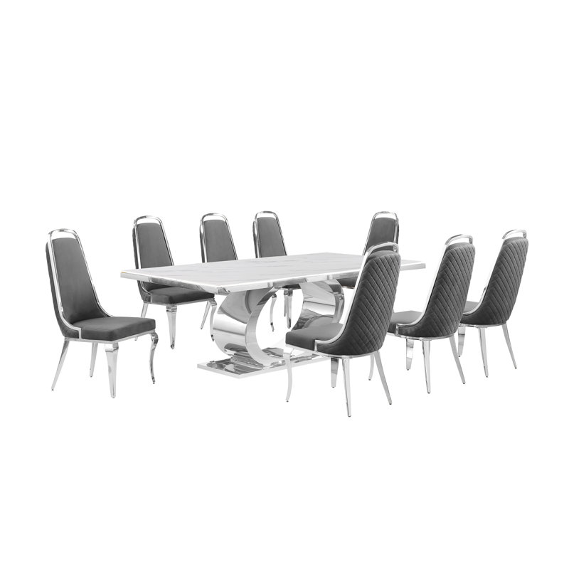 Ensemble de salle à manger rectangulaire L 87 po x l 44 po Bankston, 9, Gris / argent, Argent