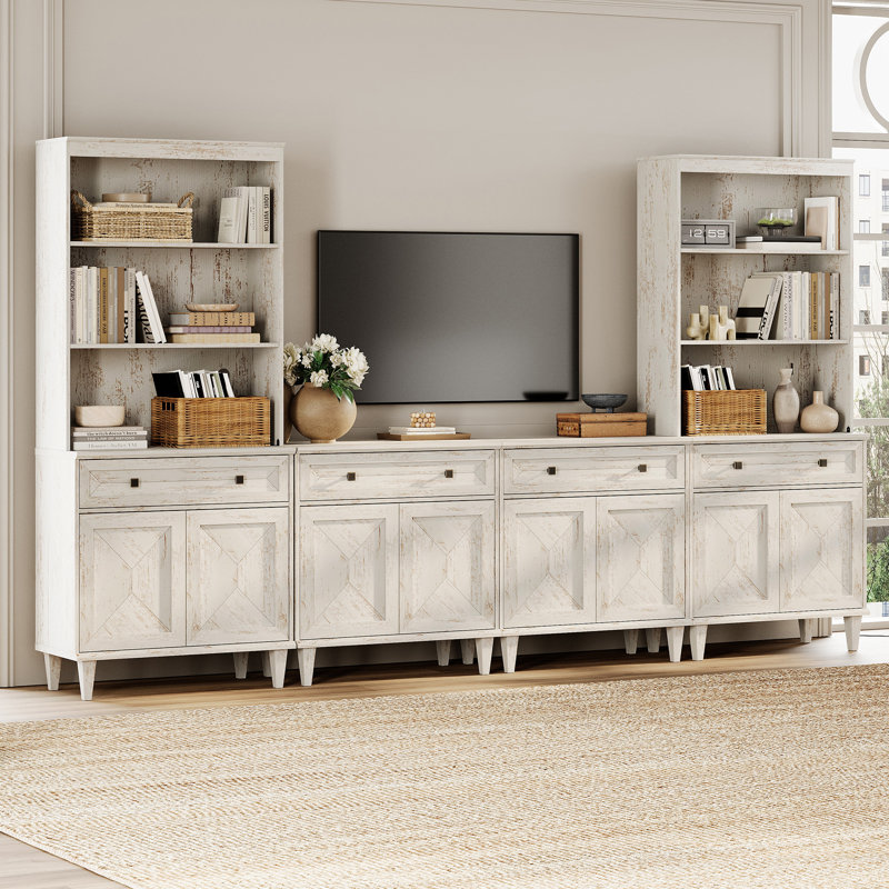 Meuble télé 126 po avec armoires et tablettes pour téléviseur 70 po Patchwork, Blanc