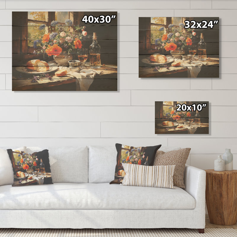 «Rustic Banquet In France - Repas et pique-niques», art mural sur bois de pin naturel, H 30 po x l 40 po