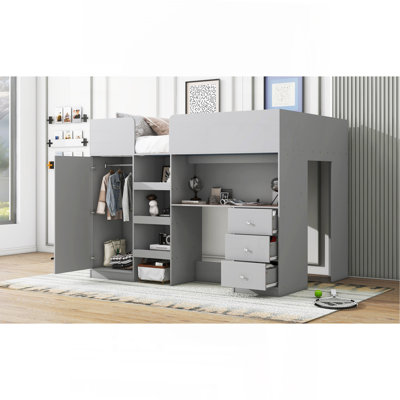 Lit mezzanine double en bois avec garde-robe intégré
