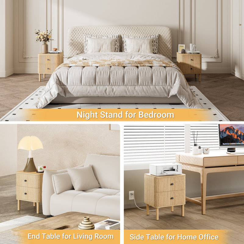 18" Fluted 2 Drawers Nightstand Set of 2 with Charging Station Outlet & Solid Wood Legs, End Table with Storage, Mid Century Modern Bedside Table for Bedroom