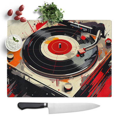 Vinyl Record Player Gestural  Glass Chopping Board