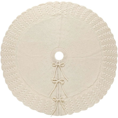 Jupe de sapin de Noël en maille ivoire, modèle confortable en maille torsadée avec bord festonné et liens, décoration rustique de style ferme pour les fêtes