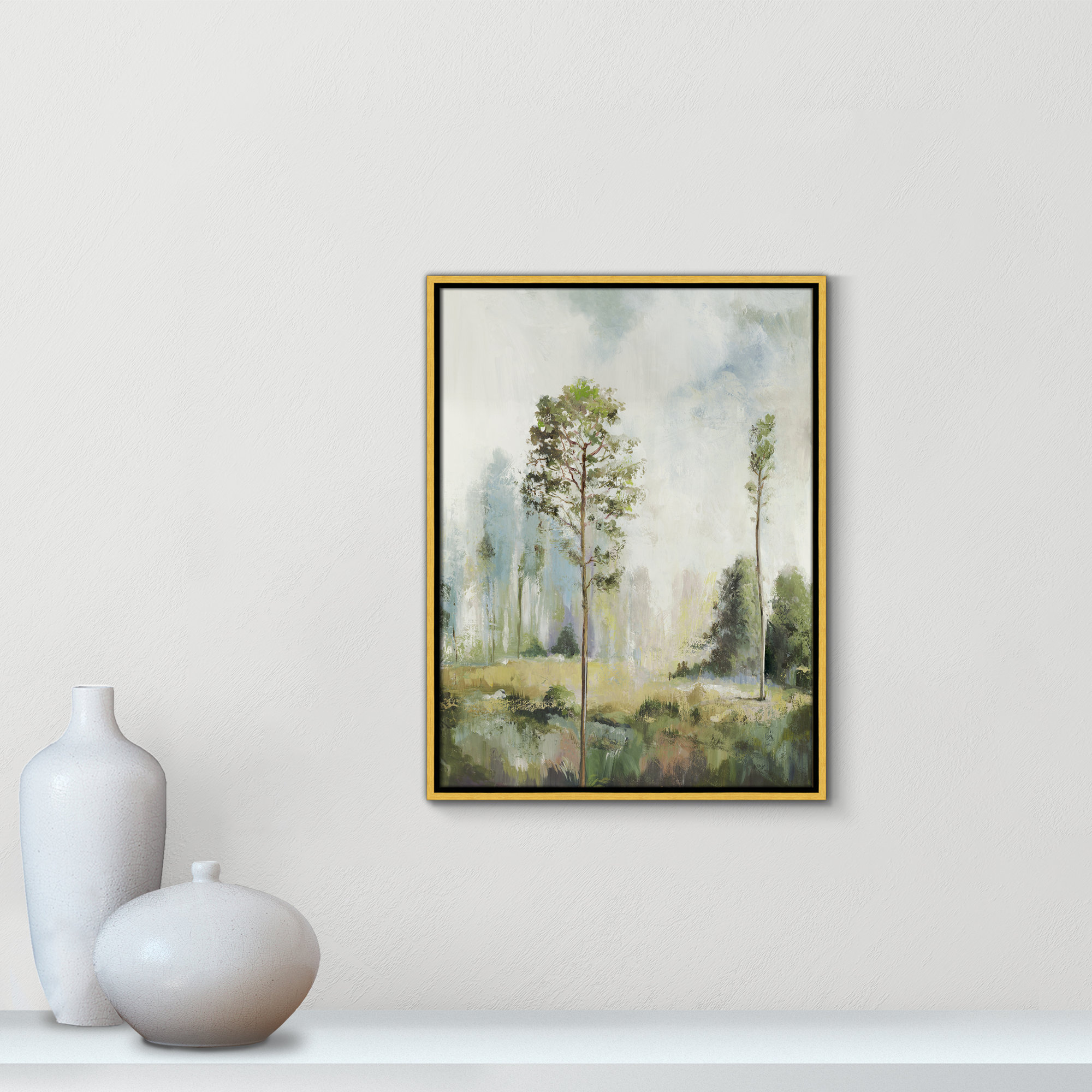 Tall Green Trees I by Teton Pearce - Floater Frame Print on Canvas, Gold, 25.5" H x 19.5" W