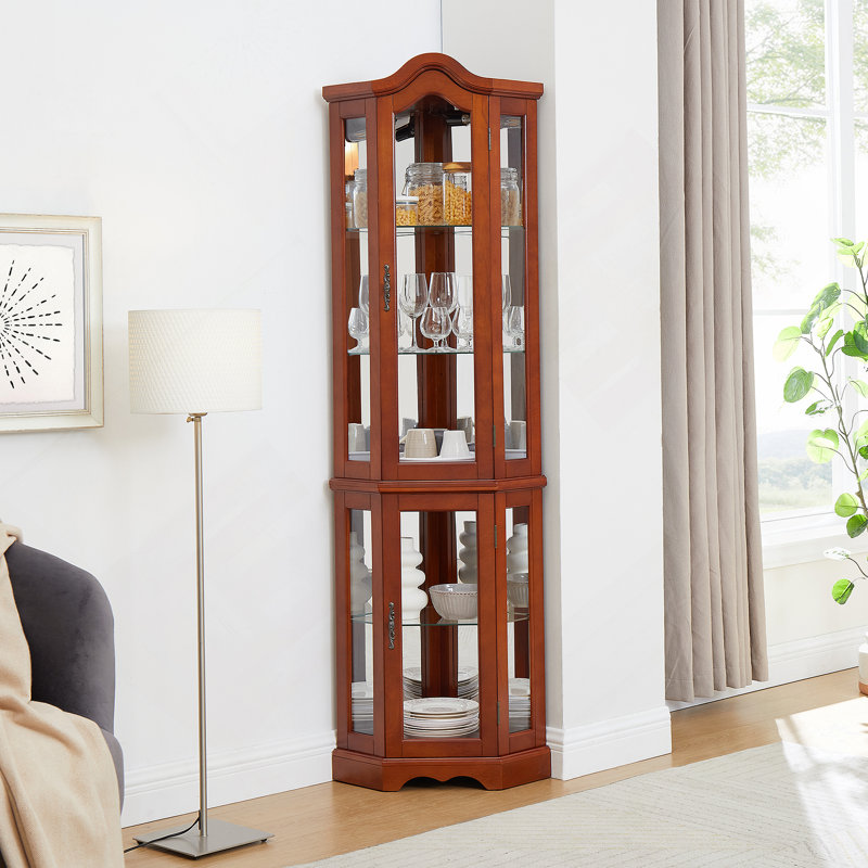 Corner Curio Cabinet With Lights, Tempered Glass Shelves, A Mirrored Back, And A Display Cabinet