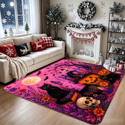 Tapis d'Halloween, conception de chat noir et de citrouille effrayant, chapeau de pleine lune et de sorcière, tapis de sol d'intérieur aux couleurs vives pour le salon, la chambre à coucher, la décoration intérieure, décorations d'Halloween, décoration intérieure unique, décoration de chambre