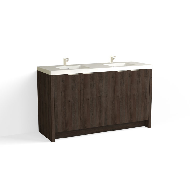 Mesa 60" W Freestanding Double Bathroom Vanity , Single-Hole, White Gloss, White Nanomatte/Matte Black