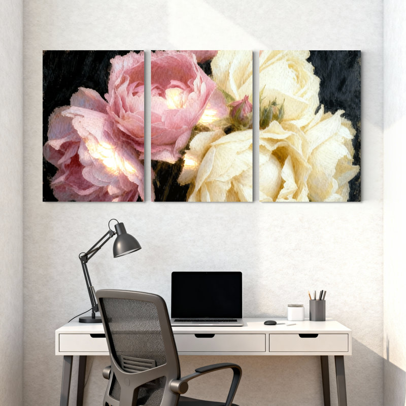 Pivoine roses et blanches sur fond noir, ensemble de 3 impressions sur toile, H 36 po x l 72 po