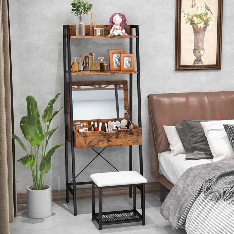 Efren Makeup Vanity Set with Flip Top Mirror and Stool, Rustic/Black