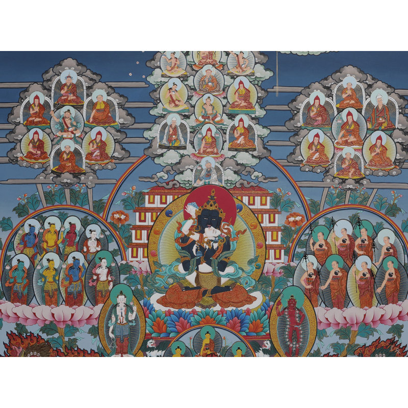 Karma Kagyu Thangka peint à la main - 37 po, art mural bouddhiste tibétain, arbre de refuge sacré en or 24 carats, méditation et décoration spirituelle