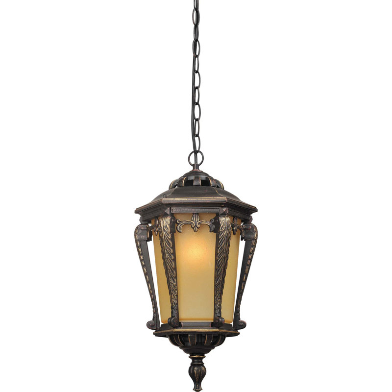 Bock 1-Light Indoor or Outdoor Golden Rust Aluminum Mini Pendant with Tapered Champagne Bubble Glass