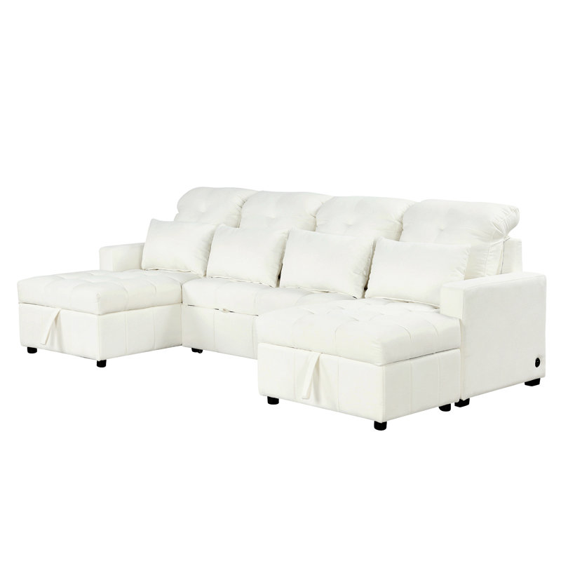 Canapé-lit modulaire de 110 po en forme de U avec 2 méridiennes de rangement, 2 ports USB et 4 coussins, Beige