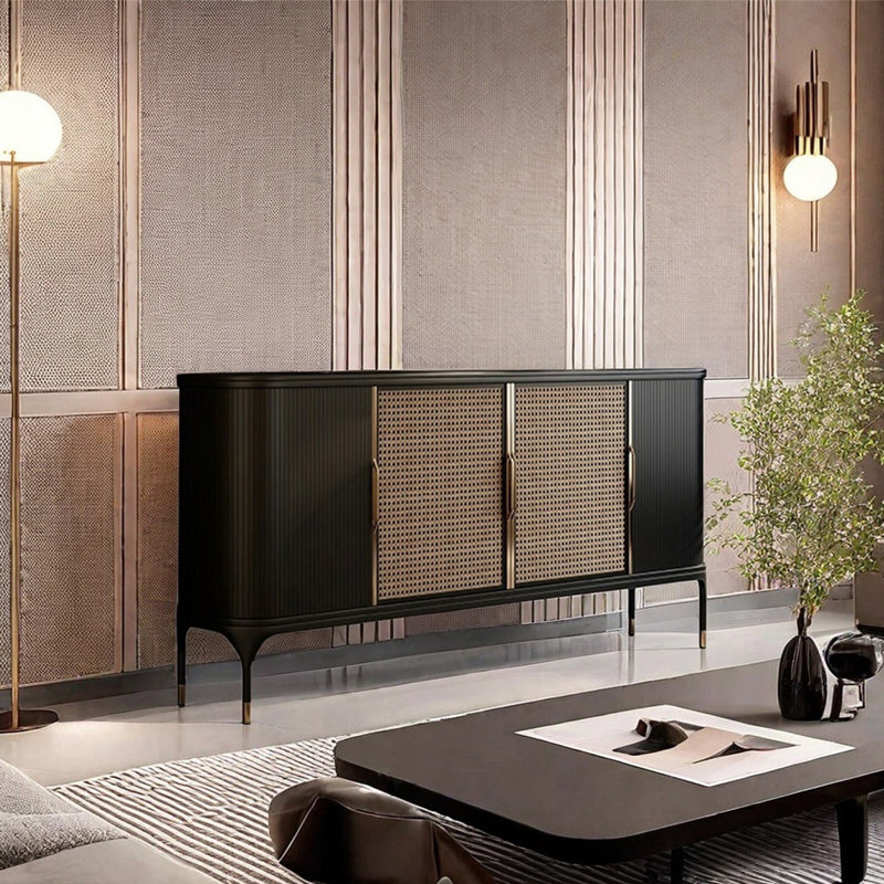 Buffet rétro avec portes en rotin, Noir, 35.43" H x 59.06" W x 15.75" D