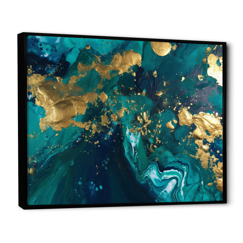 Bleu sarcelle et or liquide Magic II - art mural abstrait, Cadre flottant noir, H 12 po x l 20 po x P 1 po