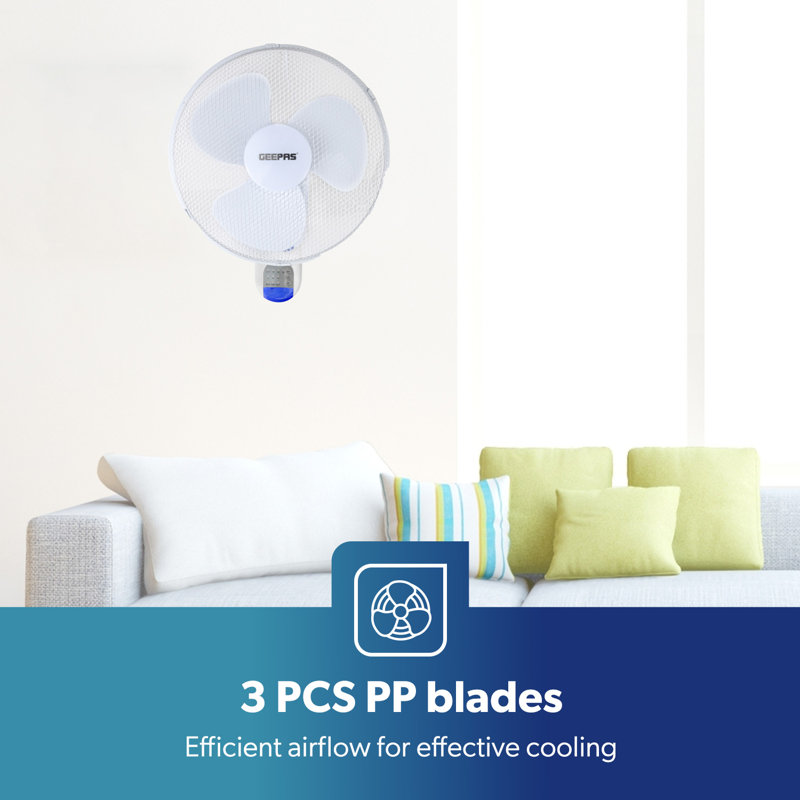 GEEPAS 16-Inch Wall Mounted Fan with Remote Control - Electric Cooling Wall Fan for Home Office - 3 Speed Setting with Oscillating Feature - 3 Leaf PP Blades, 7.5 Hour Timer - 2 Year Warranty
