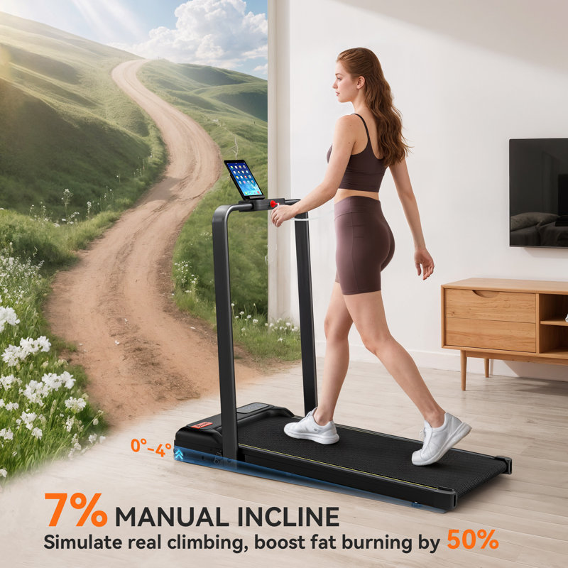 Walking Pad Treadmill, 2 in 1 Foldable Under Desk Treadmill with Incline, 2.0HP Running Machine with 0.6-6.2mph Speed Range, Handle Bar, Wheels, LED Display, Remote Control, Built-in Holder